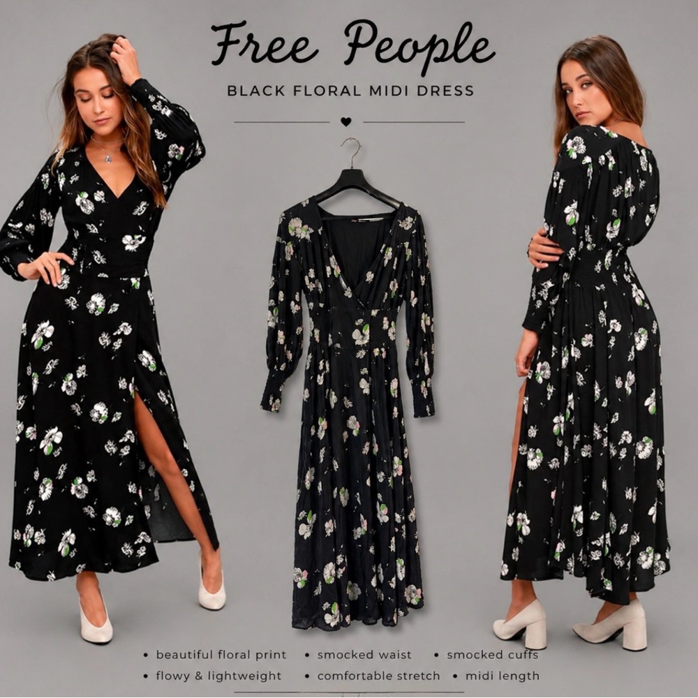 Free People Black Floral Wrap Midi Dress